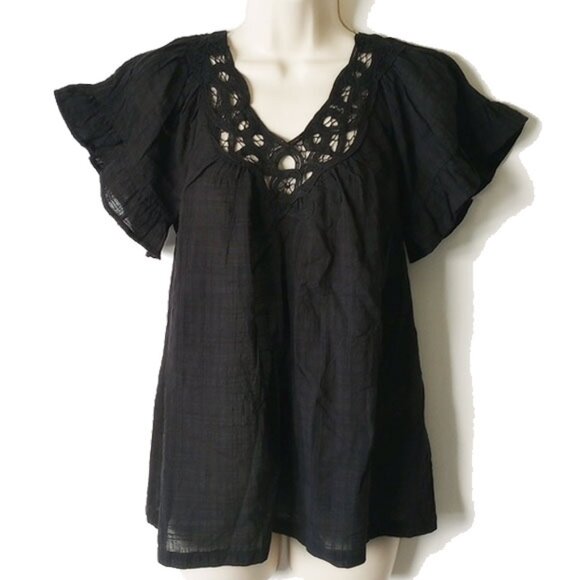 NWT $88 Crinkle Gauze Short Flutter Sleeve Peasant Blouse S Black - Picture 1 of 7